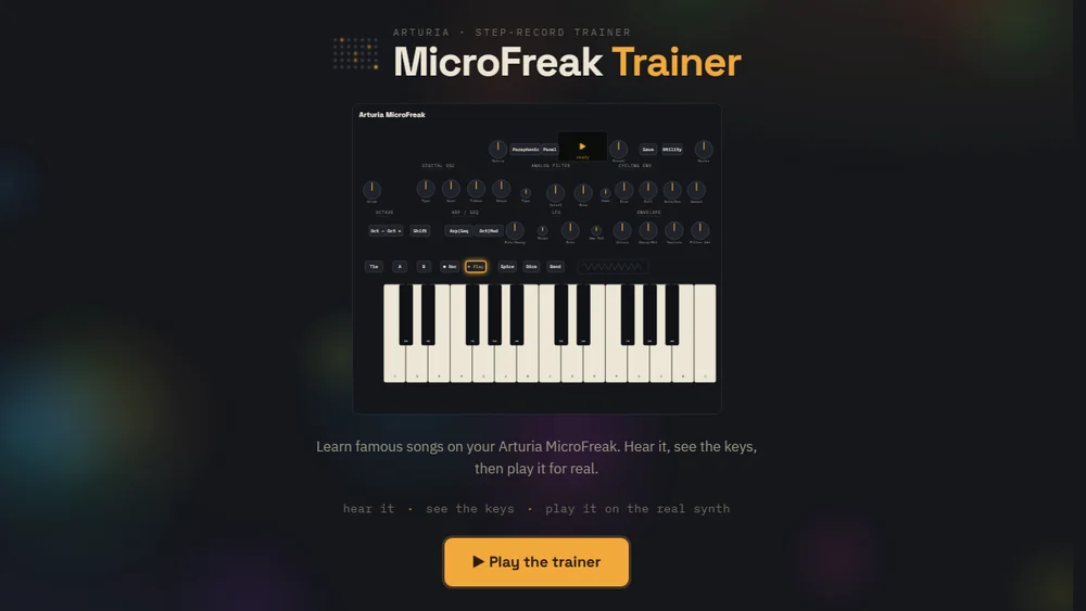 MicroFreak Trainer landing page: on-screen synth panel and keybed above the play button